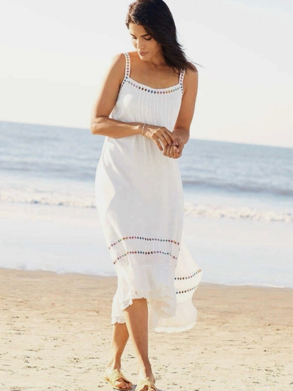 Matilda Jane White Midi Dress with Subtle Multicolor Trim